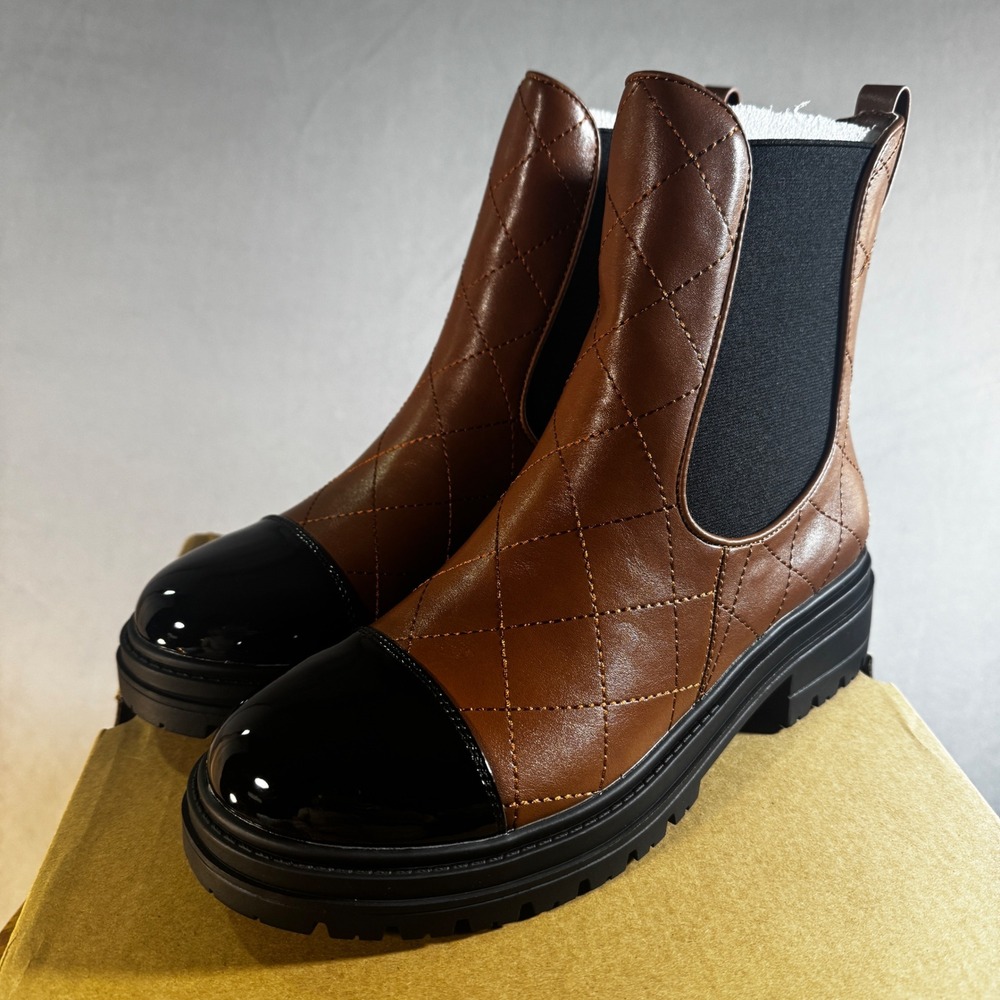 Coutgo Quilted Chelsea Boots Brown Black Patent Cap Toe Lug Sole Size 7.5 NEW‎